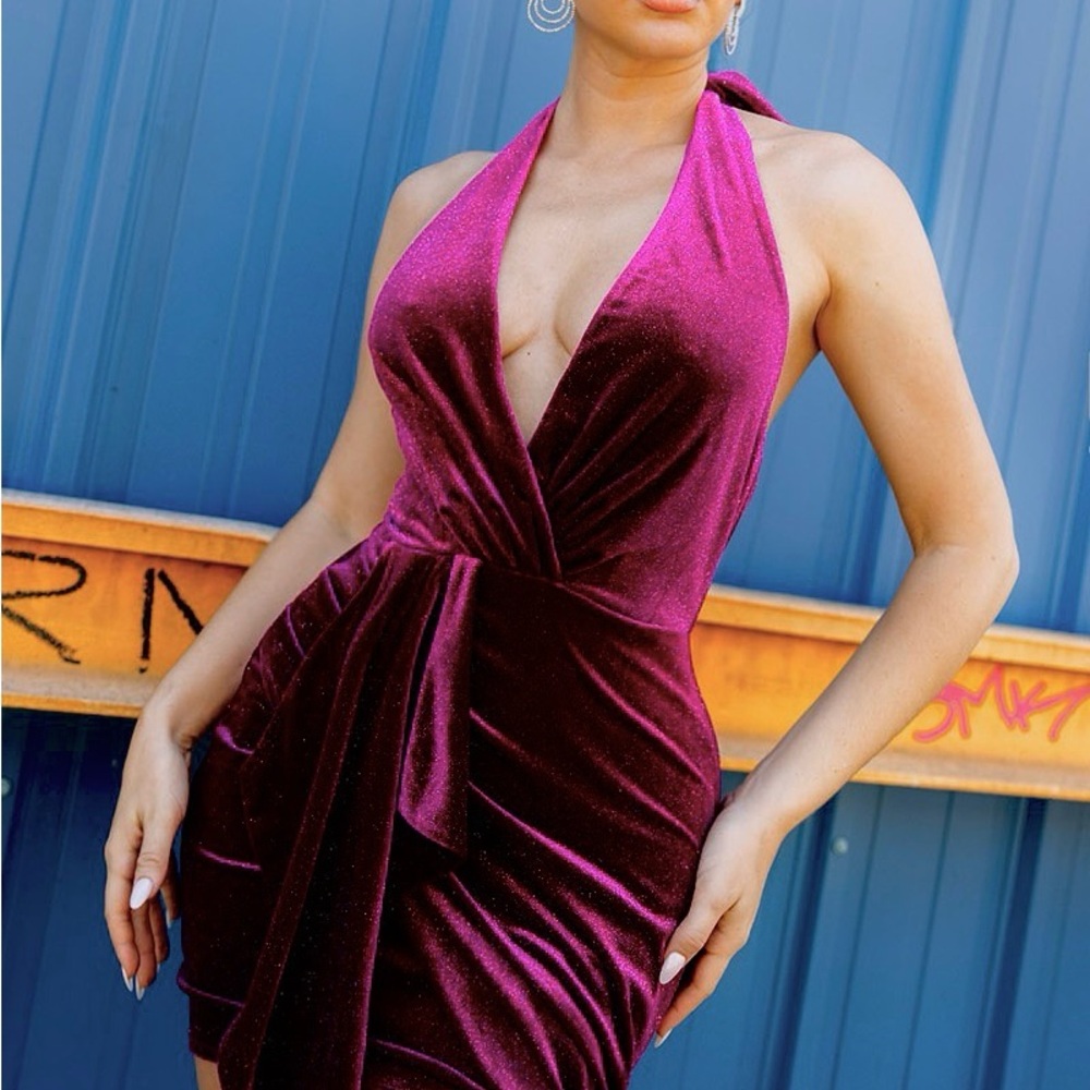 Pink Halter Velvet Mini Cocktail Dress NWT
